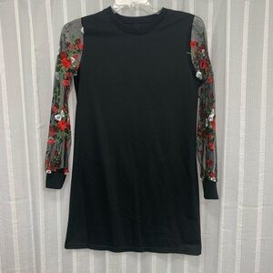 Unk Dress Black with Floral Appliqué Sheer Sleeves Size S‎